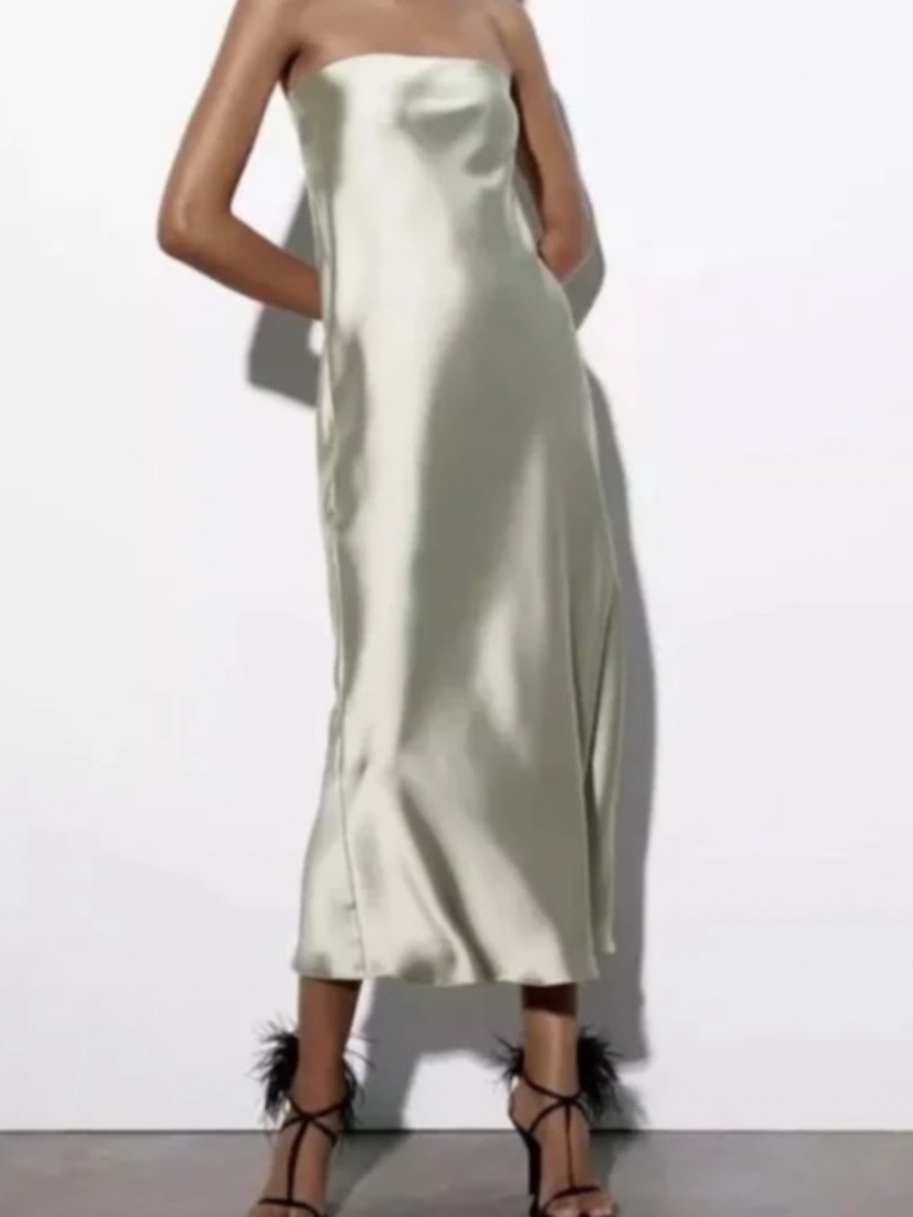 NWT Zara Strapless Satin Midi Dress in Sage green / champagne
